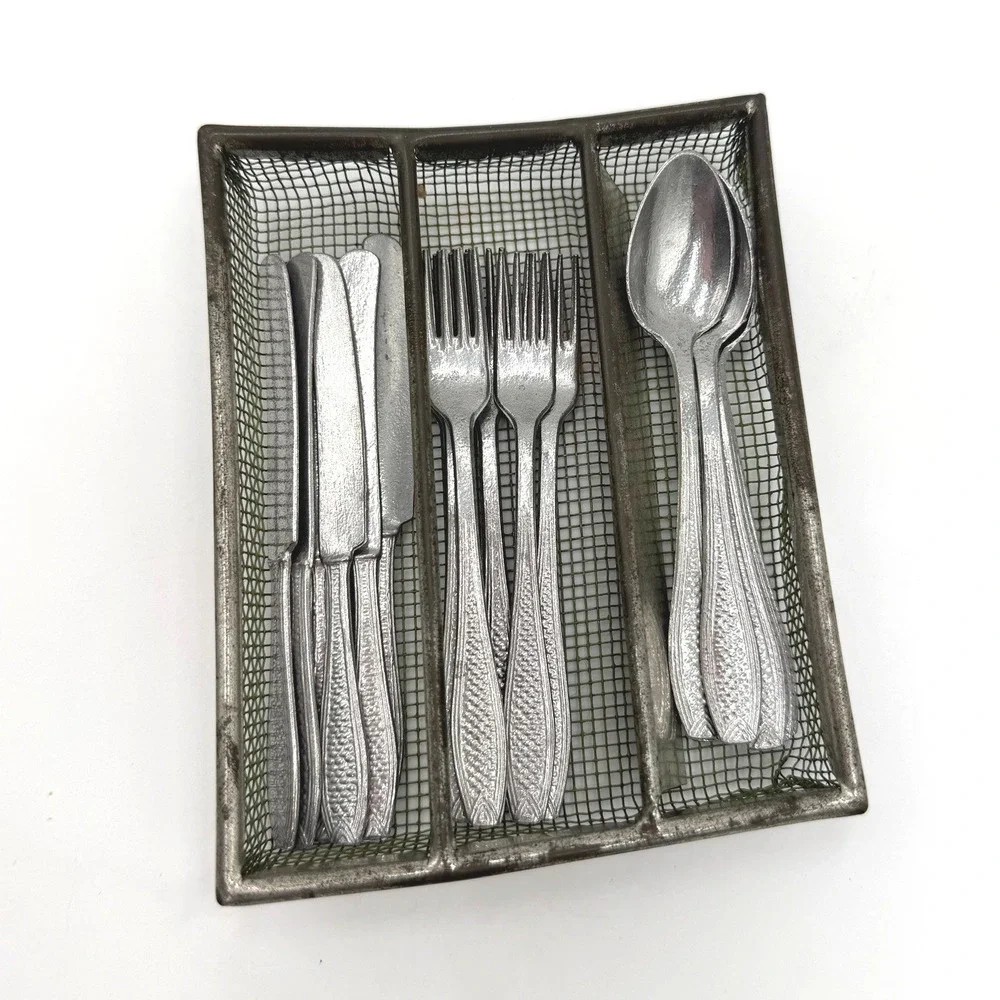 Vintage‎ German Dollhouse Metal Flatware Set – 18 Pieces + Wire Tray
